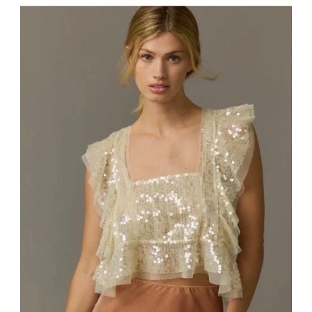 Anthropologie Sequin Tulle Ruffle Square Neck Flutter Sleeve Top Ivory Gold